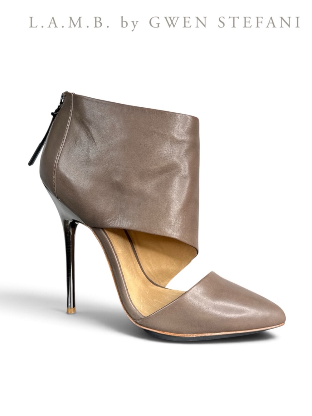 NIB VINTAGE L.A.M.B. THEO TAUPE LEATHER CUTOUT STILETTO HEELS 2014 SIZE 9